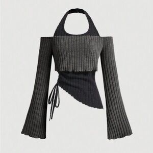 Ribbed Asymmetric Cutout Sweater Top - Charcoal & Black